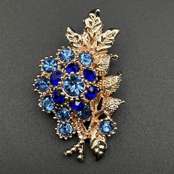 Rose Gold with Dark and Light Blue Sapphire Flower Leaf Bouquet Pin Back Brooch - Picture 2 of 8
